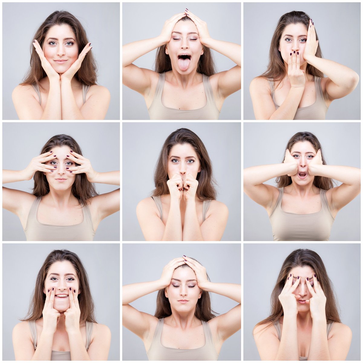 Beautiful young woman doing face yoga pose