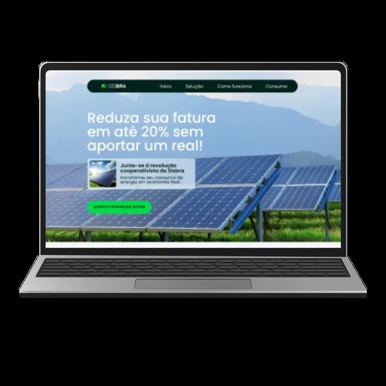 Laptop displaying a solar energy website with Portuguese text offering up to 20% bill reduction and solar panels in a field background