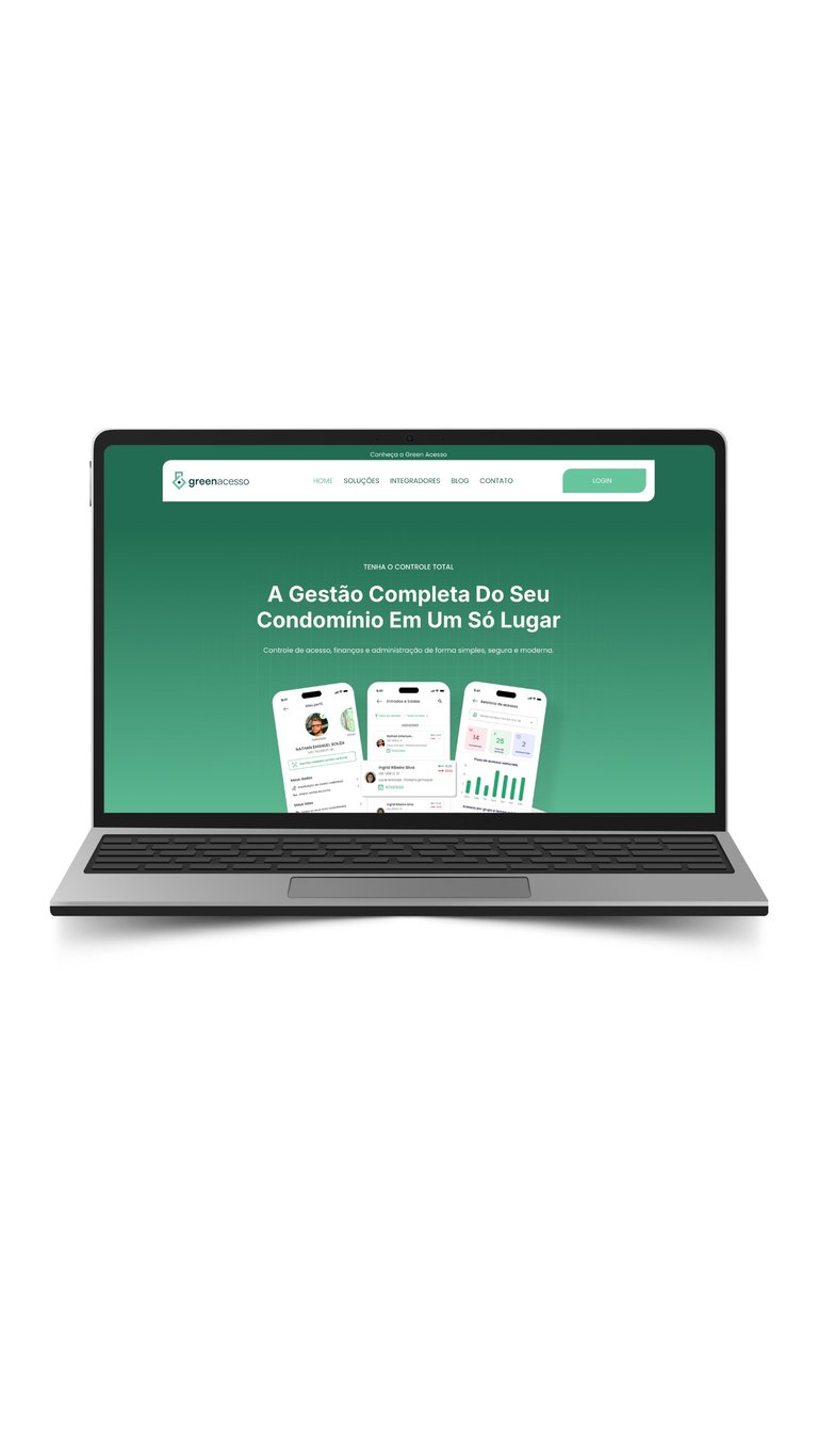 Laptop displaying GrauAssesso website with green interface showcasing condominium management software in Portuguese