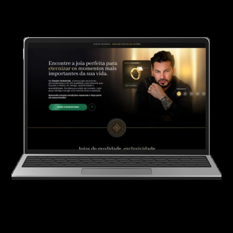 Laptop displaying a luxury jewelry website with a man wearing a gold ring and dark clothing on a dark elegant background