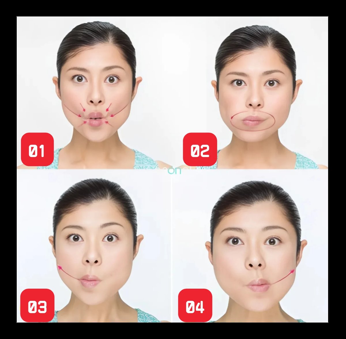Four-step facial exercise guide showing woman performing different mouth and cheek movements