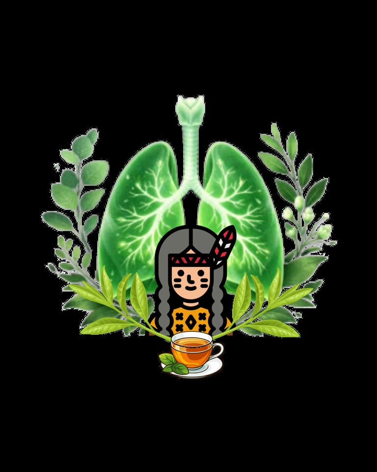 Illustration of a woman with long dark hair holding a cup of tea, centered within a green lung diagram surrounded by medicinal herbs