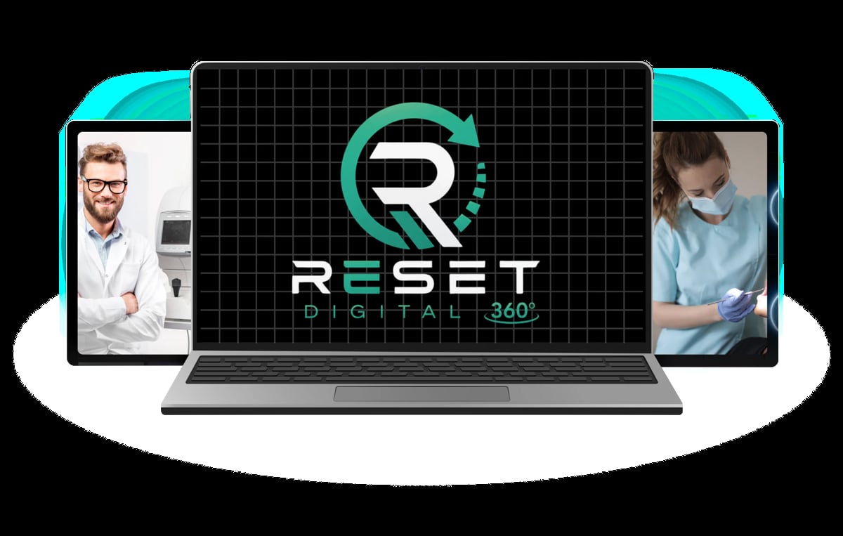 RESET Digital 360 logo displayed on a laptop screen flanked by two professional portraits on side monitors