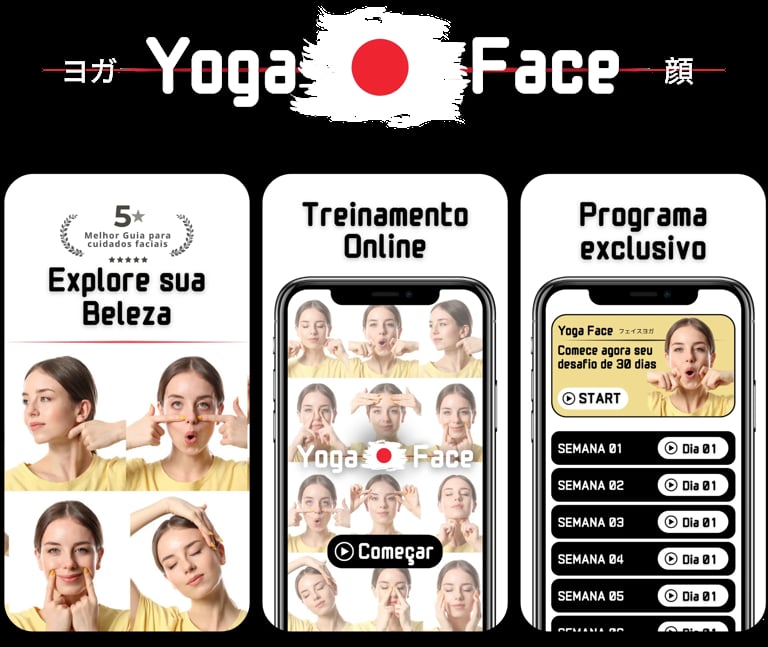 Yoga Face app interface showing facial exercise guide with photos of women demonstrating techniques, online training options, and exclusive 30-day program with weekly schedule