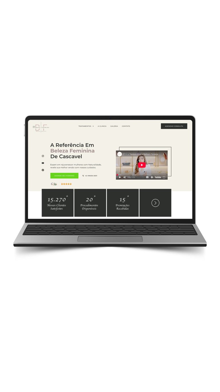 Laptop displaying a Portuguese website about female empowerment with video content, statistics, and navigation menu