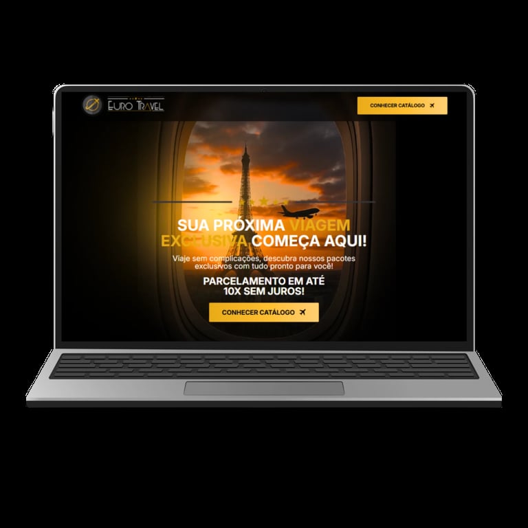 Laptop displaying Euro Travel website with sunset image and Portuguese text about upcoming trip and installment payment options