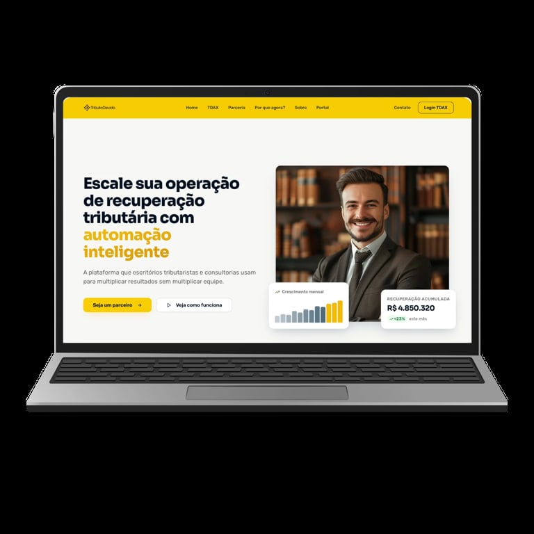 Laptop displaying a Portuguese business website with yellow header, man in business attire, and content about tax recovery automation