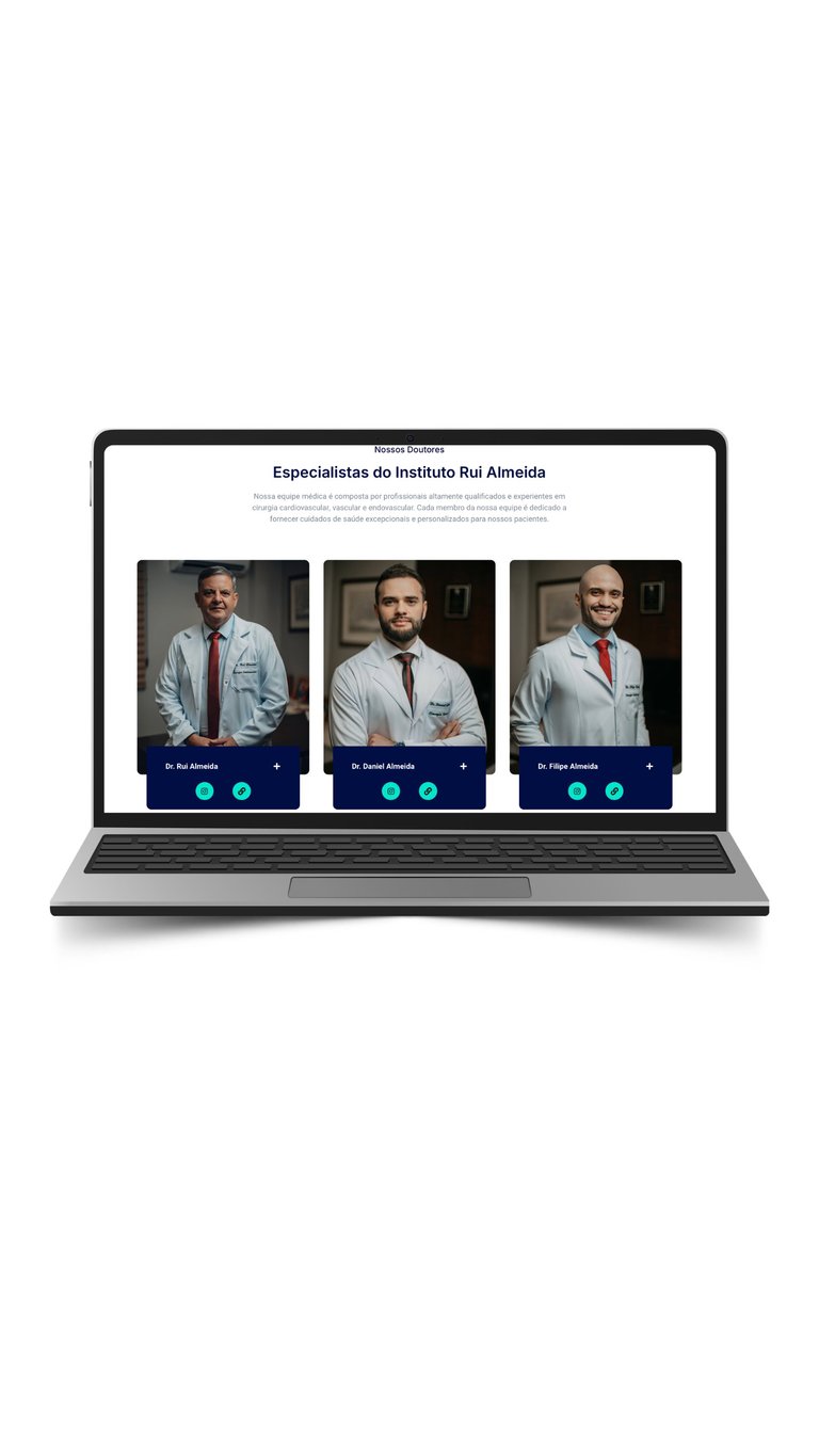 Laptop screen displaying a medical institute webpage with three professional portraits of specialists in white coats