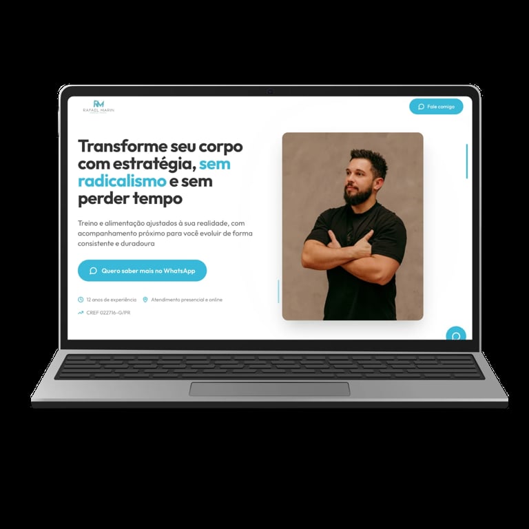 Laptop displaying Portuguese fitness website with headline Transform your body with strategy and man in black shirt on right side