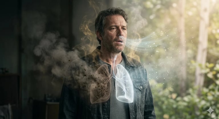 Middle-aged man with facial hair wearing denim shirt and white undershirt, surrounded by smoke and bokeh light effects in moody indoor setting