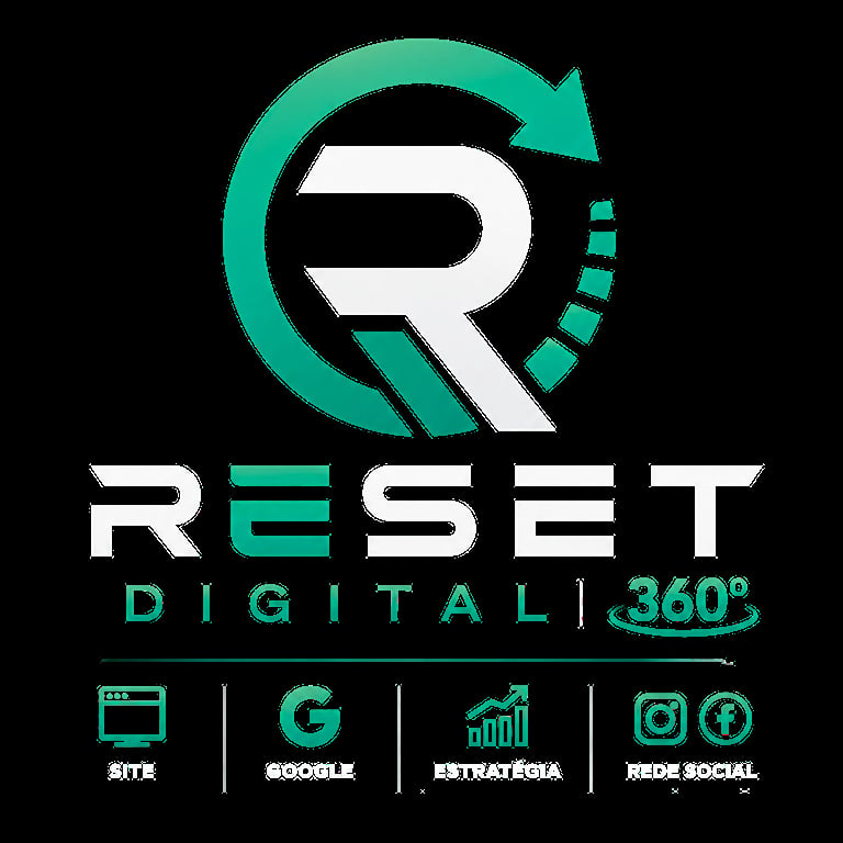 Reset Digital 360 logo with turquoise R symbol and service icons for SMS, social media, strategy, and professional services