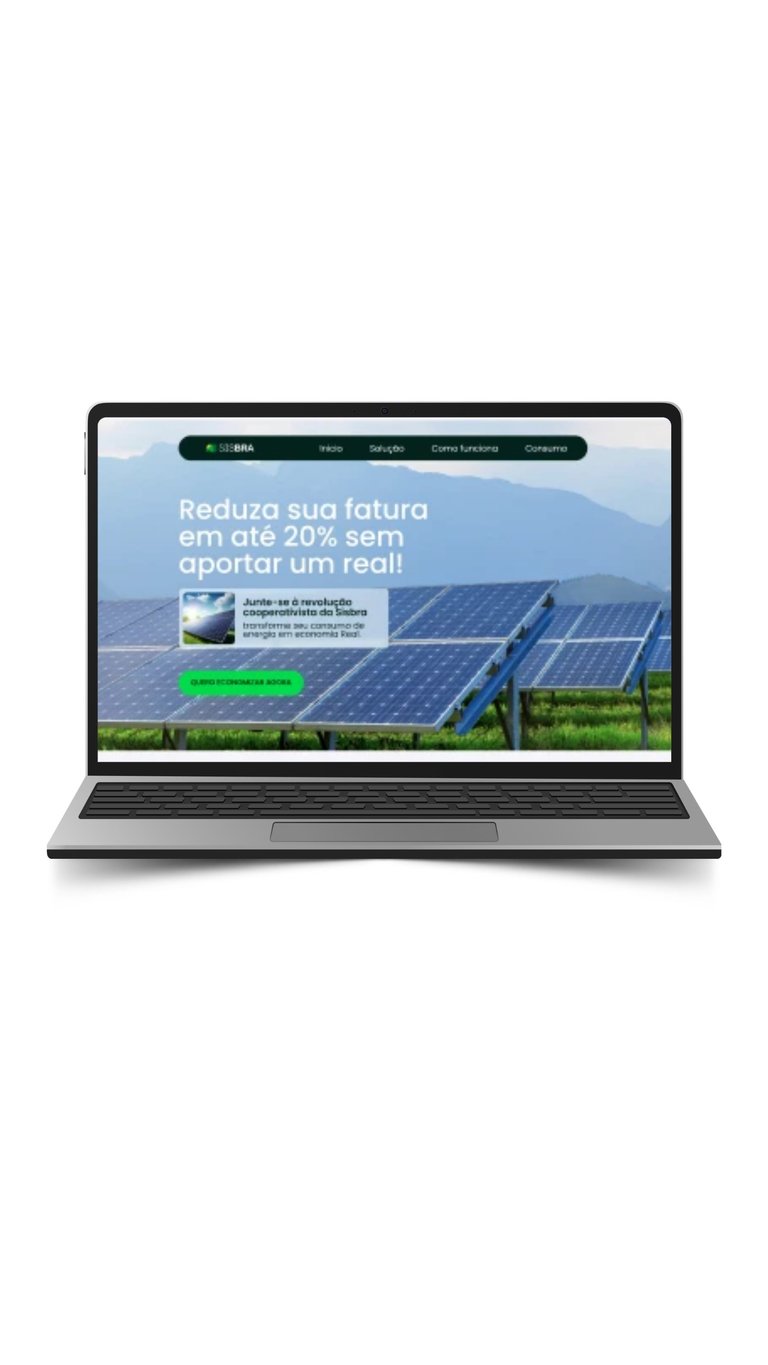 Laptop displaying a solar panel website with Portuguese text offering up to 20% bill reduction