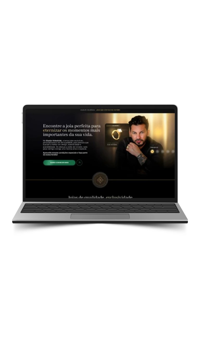 Laptop displaying a luxury jewelry website with Portuguese text, featuring a man in formal attire and golden jewelry against a dark background