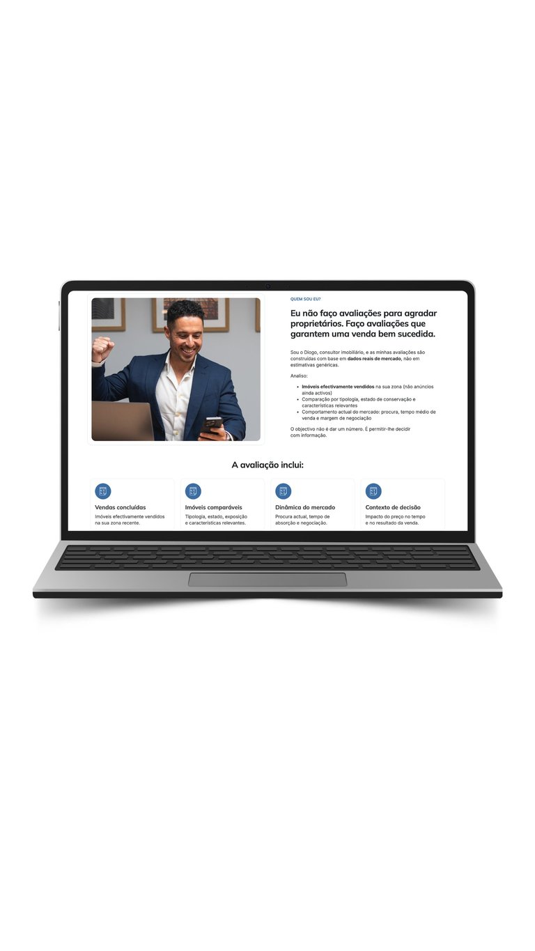 Laptop displaying a Portuguese language course webpage with a professional man in business attire and course details including four benefit icons below