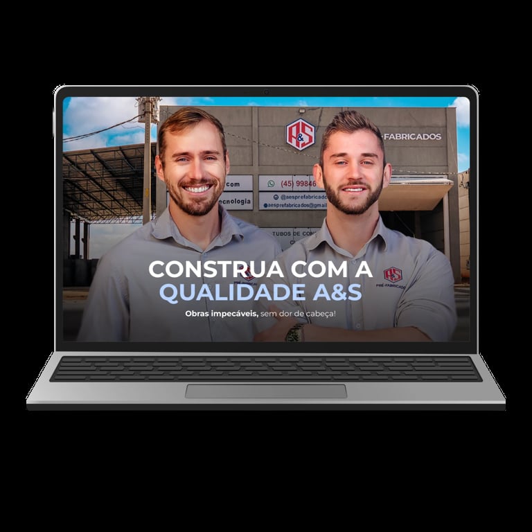 Laptop displaying two men in work uniforms with Portuguese text Construa com a Qualidade A&S and company branding in background