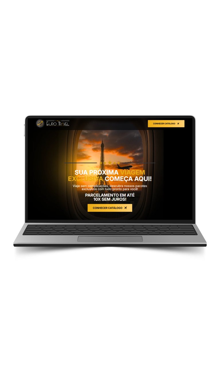 Laptop displaying a real estate website with golden sunset imagery, Portuguese text about upcoming listings and payment plans, and yellow call-to-action buttons