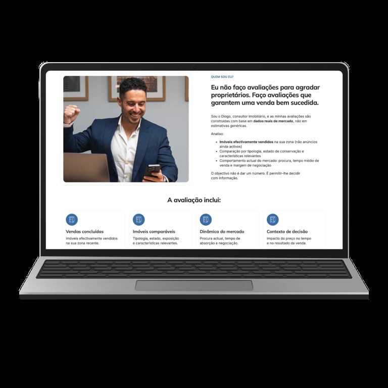 Laptop displaying a Portuguese language webpage with a professional man in business attire and text about real estate property evaluation