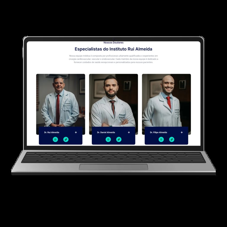 Laptop displaying a Portuguese medical specialists webpage with three doctors profile cards featuring photos and contact information