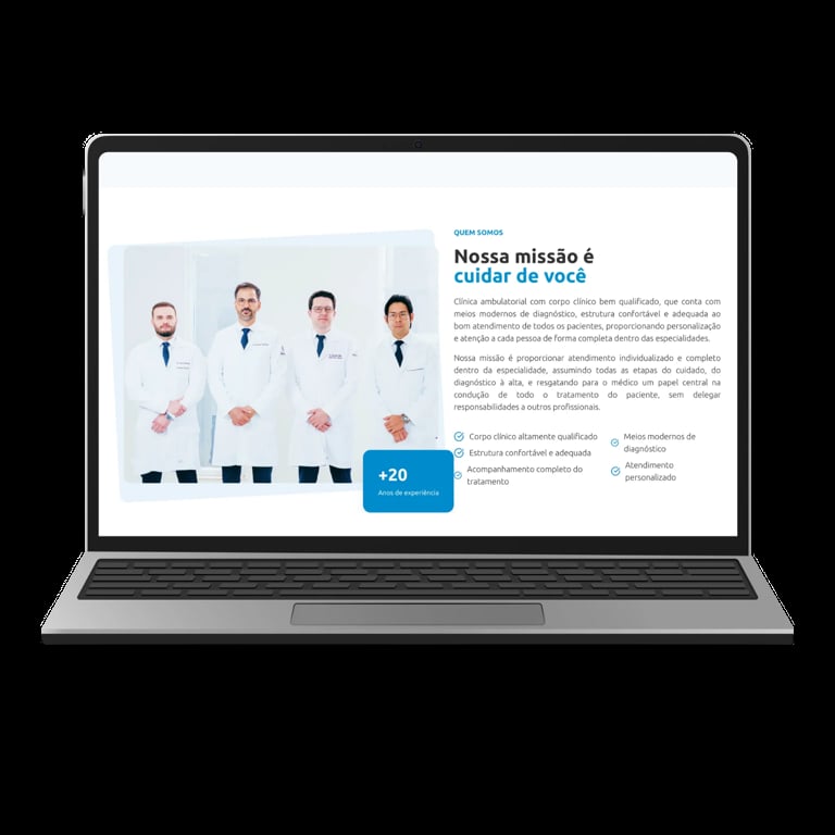 Laptop displaying a website with four male doctors in white coats and a mission statement section titled Nossa missão é cuidar de você