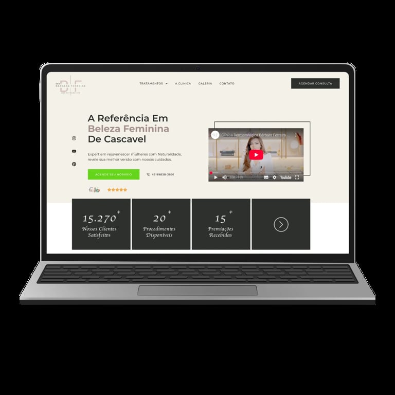Laptop displaying a Portuguese website for female fashion boutique with title, video, statistics, and call-to-action button