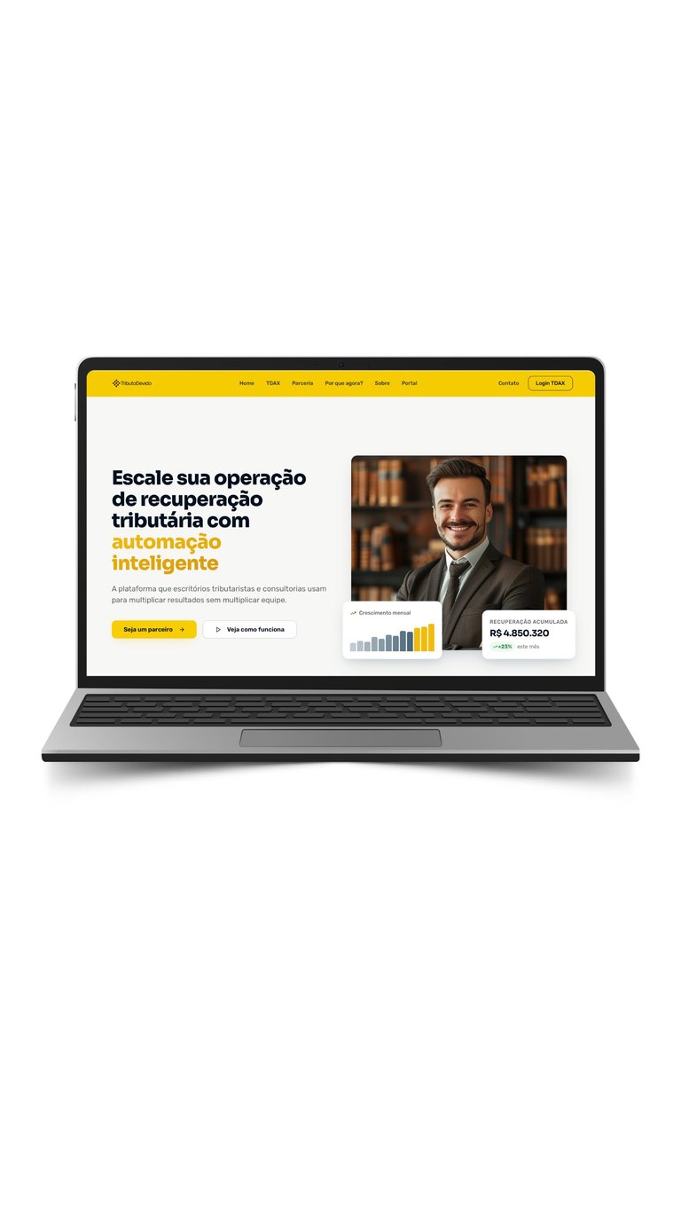 Laptop displaying a Portuguese business website with yellow header, featuring a man in professional attire and text about intelligent tax recovery automation