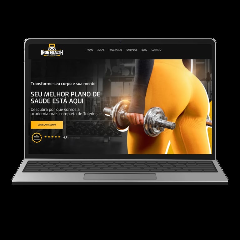 Laptop displaying fitness website with person holding dumbbell and Portuguese text about health plans
