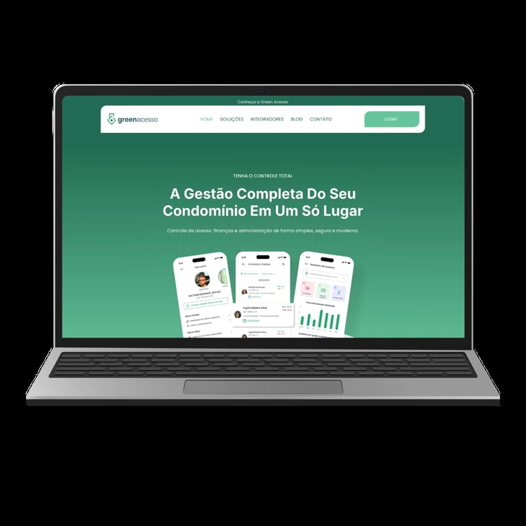 Laptop displaying a Portuguese condo management website with green interface and app interface mockups
