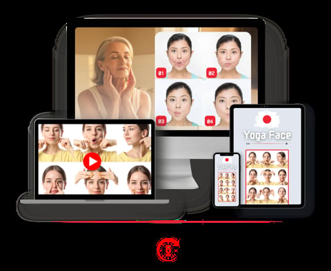 Multiple devices displaying face recognition and yoga face app interfaces with portrait photos and facial expressions
