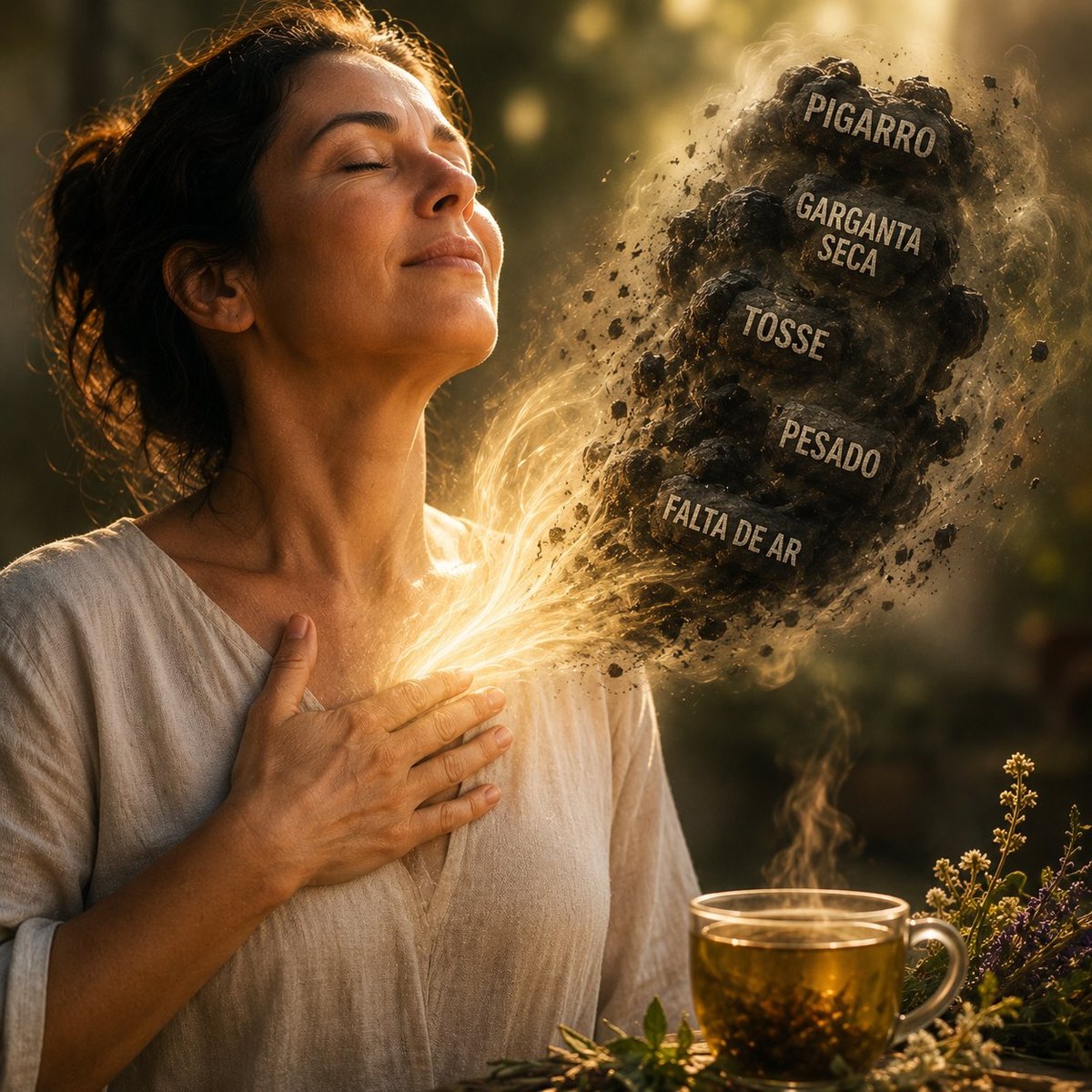 Woman inhaling herbal tea steam with glowing particles and Portuguese words for throat health remedies floating in the mist