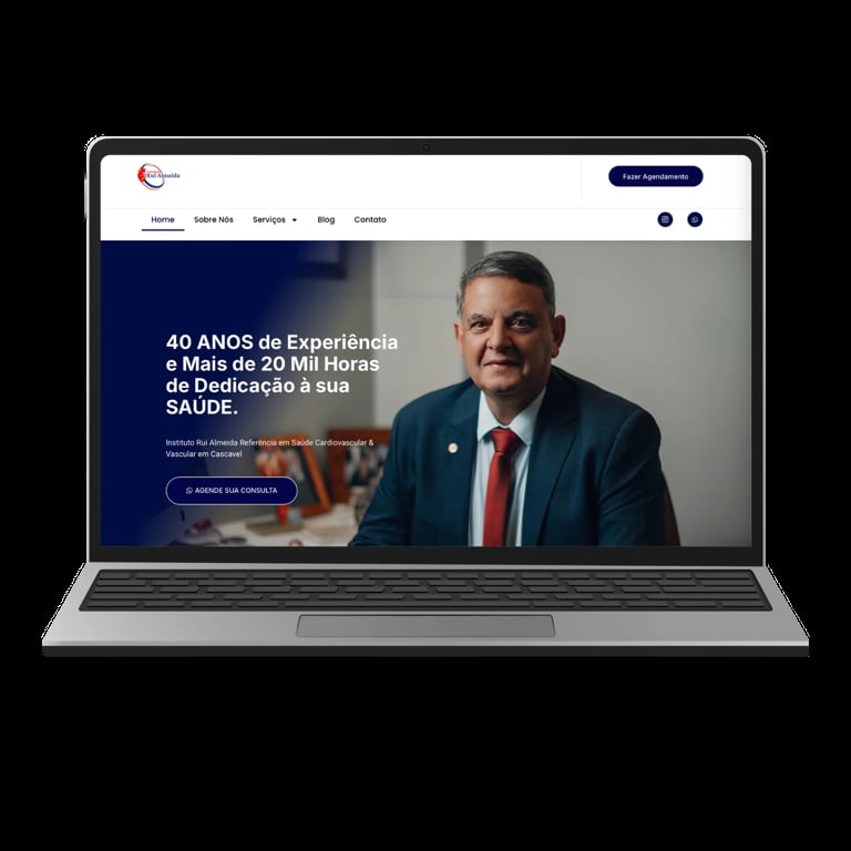 Laptop displaying healthcare website with professional man in business attire and Portuguese text about medical experience