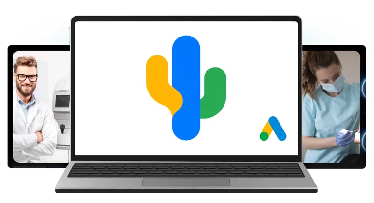 Laptop displaying Google Ads logo flanked by smartphone screens showing professionals in business and medical settings