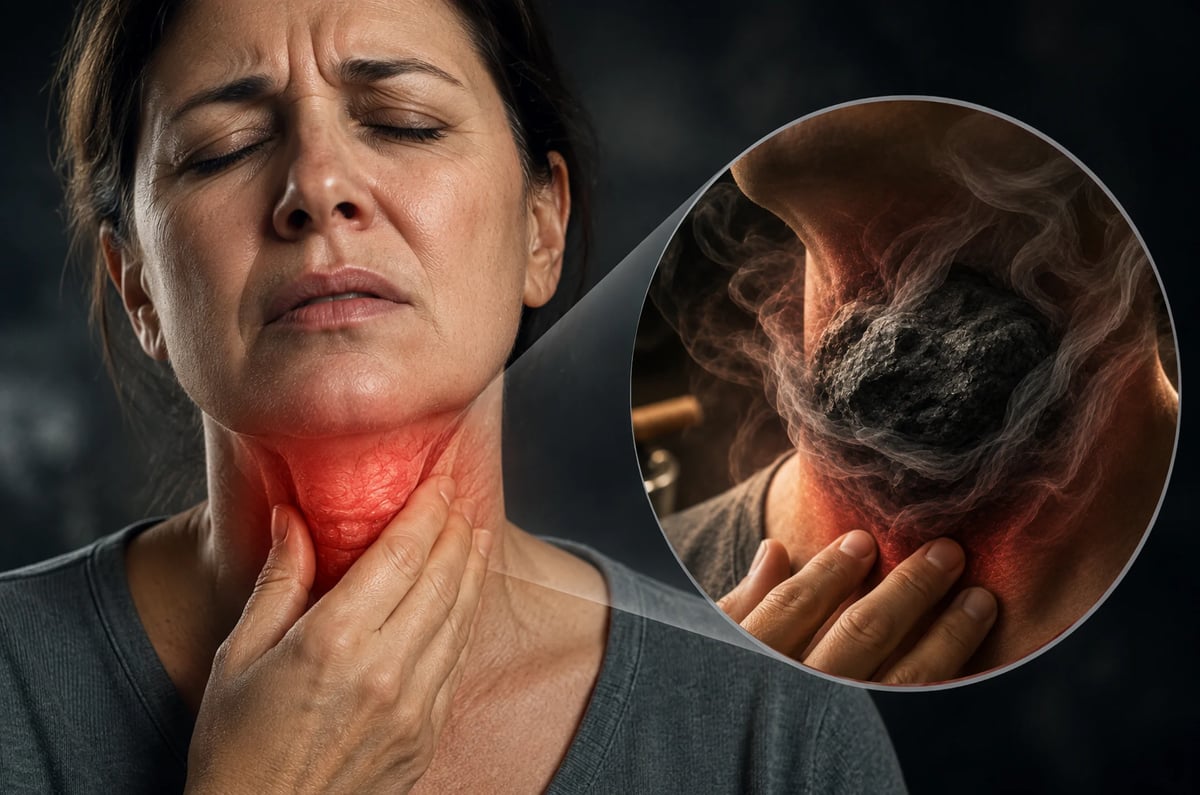 Woman experiencing neck pain with red highlighted area showing inflammation, close-up magnified view of throat in circular inset