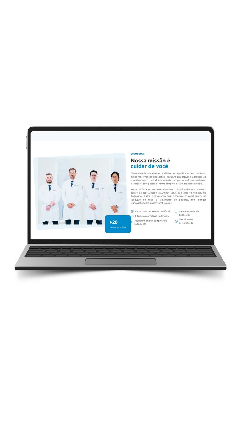 Laptop displaying a Portuguese healthcare website with doctors in white coats and mission statement text