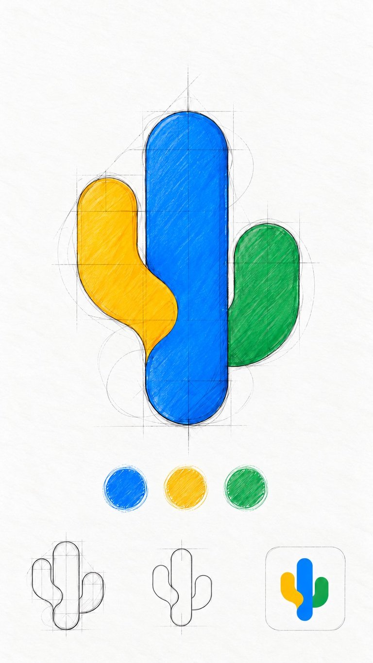 Esboço colorido do logotipo — cacto estilizado com formas arredondadas em azul, amarelo e verde e linhas de construção