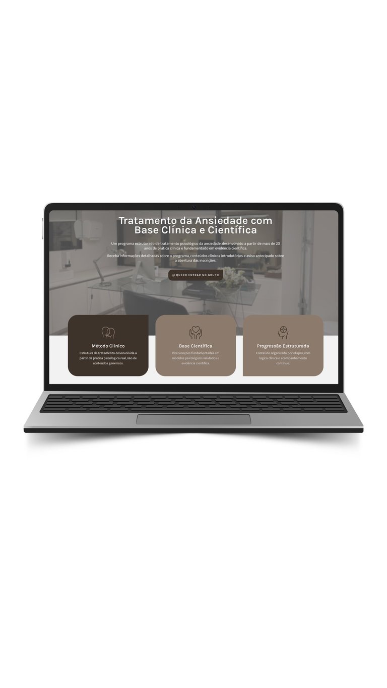 Laptop displaying a Portuguese healthcare website about anxiety treatment with clinical and scientific methods, featuring three service cards below the header