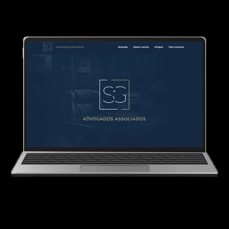 Laptop displaying a law firm website with Advogados Associados logo and navigation menu on dark blue background