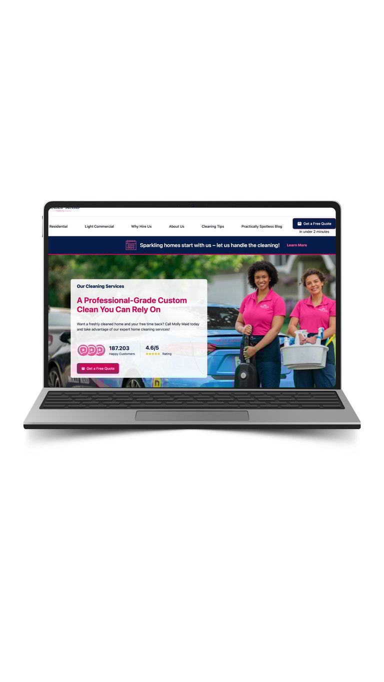 Laptop displaying a cleaning service website with two women in pink uniforms and testimonial information about professional home cleaning services