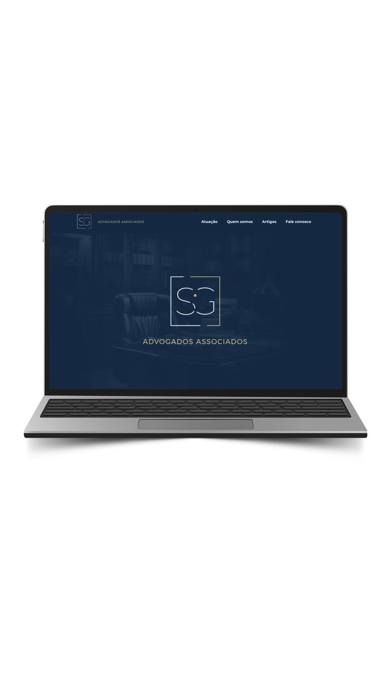 Laptop displaying a law firm website for Advogados Associados with dark blue background and logo