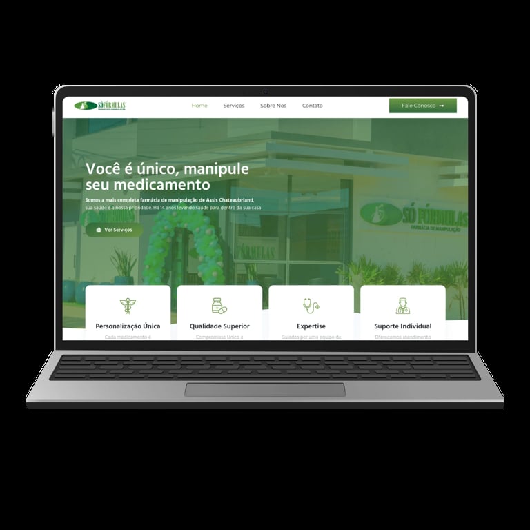Laptop displaying a Portuguese pharmacy website with green healthcare theme and service options including personalized care and expert support