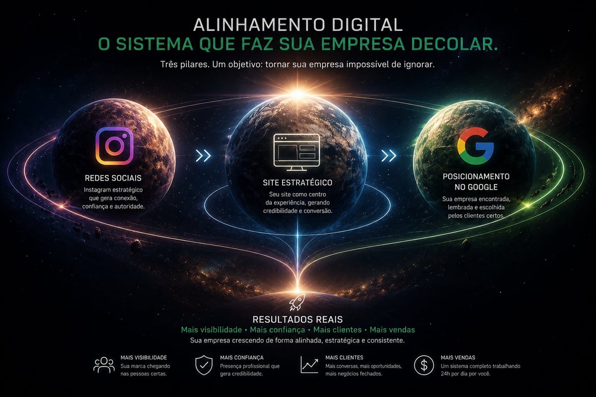 Digital marketing strategy diagram showing social media, website, and Google ranking interconnected with glowing spheres and Portuguese text about company growth.