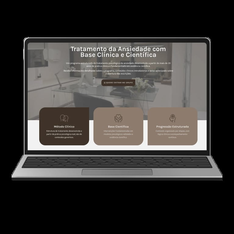 Laptop displaying a Portuguese website about anxiety treatment with clinical and scientific methods, featuring three service cards below the header