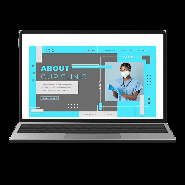 Laptop displaying a medical clinic website with cyan and gray design, featuring a doctor in scrubs and stethoscope