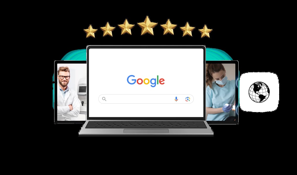 Laptop displaying Google search homepage with five gold stars above, flanked by photos of professionals and a globe icon