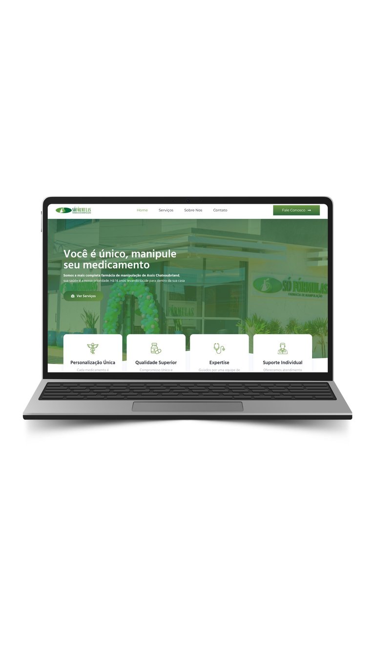 Laptop displaying a green-themed Brazilian pharmacy website with Portuguese text about personalized medication management and service options