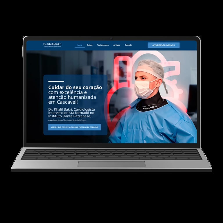 Laptop displaying a medical website with a surgeon in protective gear and Portuguese text about heart care services