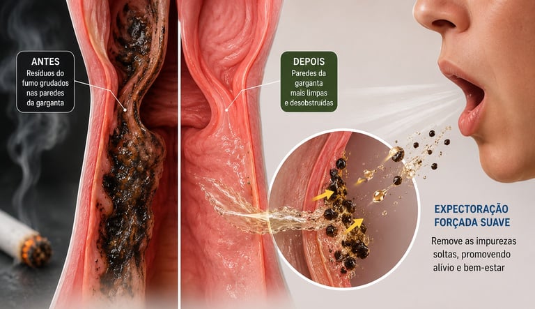 Medical illustration showing throat before and after cough, demonstrating phlegm removal with labels in Portuguese