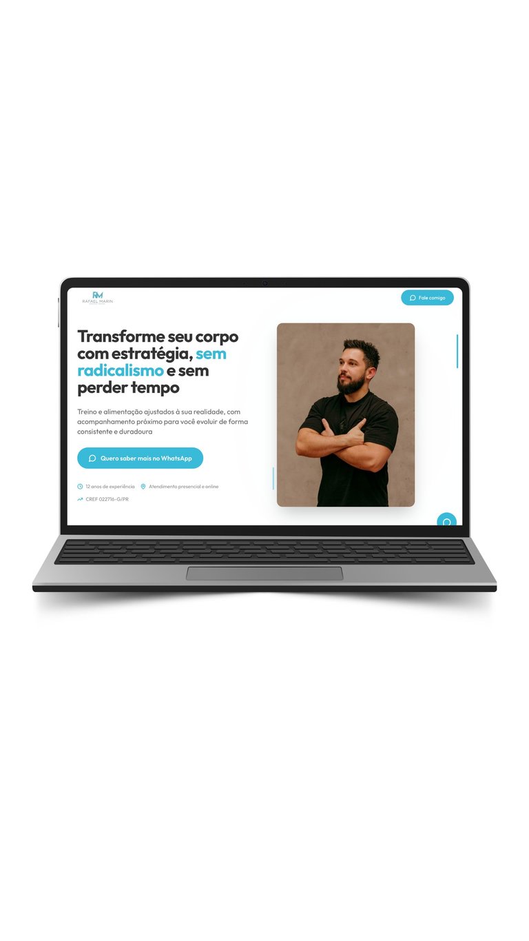 Laptop displaying a Portuguese language fitness website with a man in black shirt and a call-to-action button for WhatsApp contact